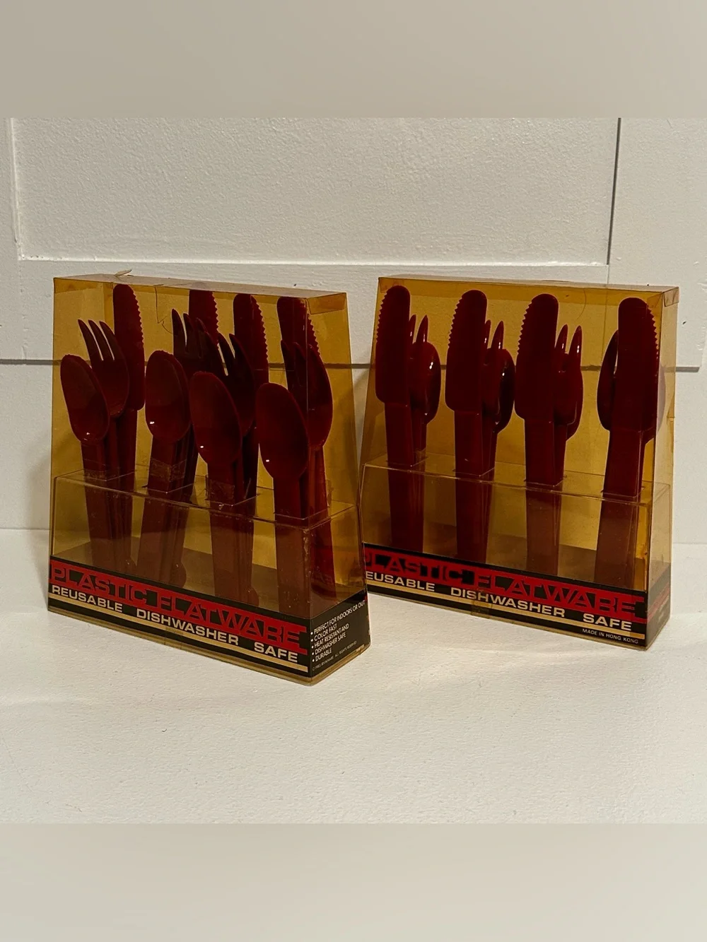 Two Sets 1980s Irvinware Modernist 12 Piece Red Reusable Hard Plastic Flatware